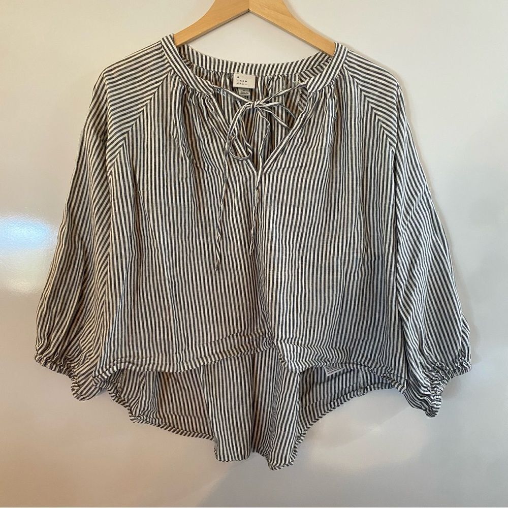 A New Day‎ cropped linen blend striped 3/4 sleeve blouse small
